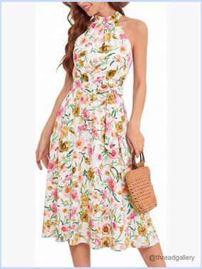Floral Halter Midi Dress Sleeveless A-Line Flowey Summer Boho Casual Beach